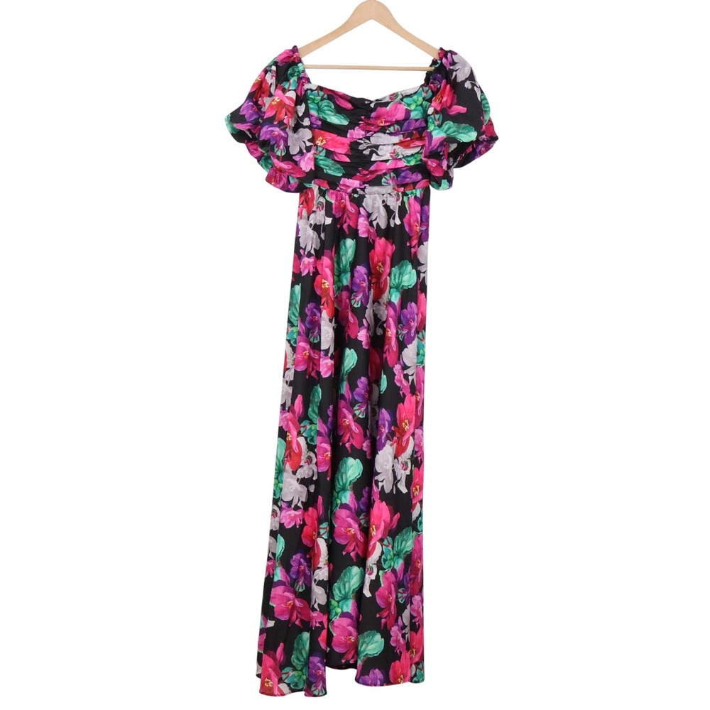 DELFI Collective Dress Womens S Floral Maxi Black Pink Puff Sleeve Excellent